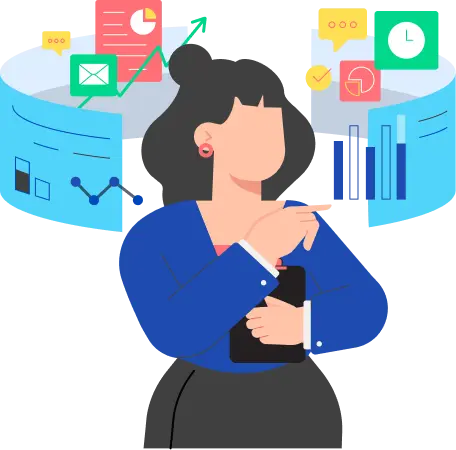 Ilustración de mujer analizando gráficos, indicadores y métricas de datos, estilo Panamá en Salarios