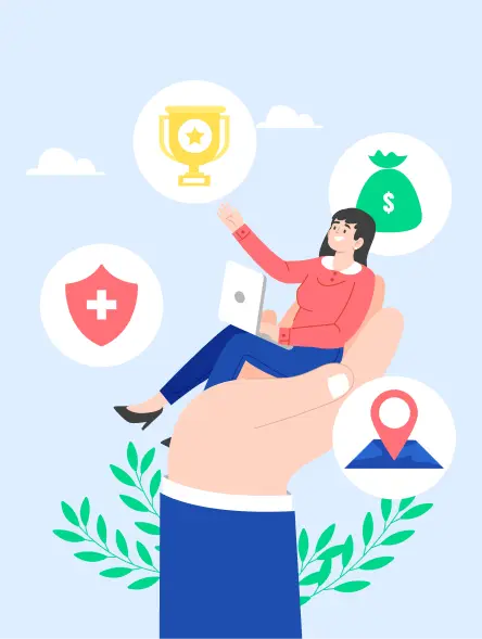 Ilustración de mujer con laptop sostenida en una mano gigante, rodeada de íconos de beneficios laborales como salud, dinero, ubicación y reconocimiento, estilo Panamá en Salarios