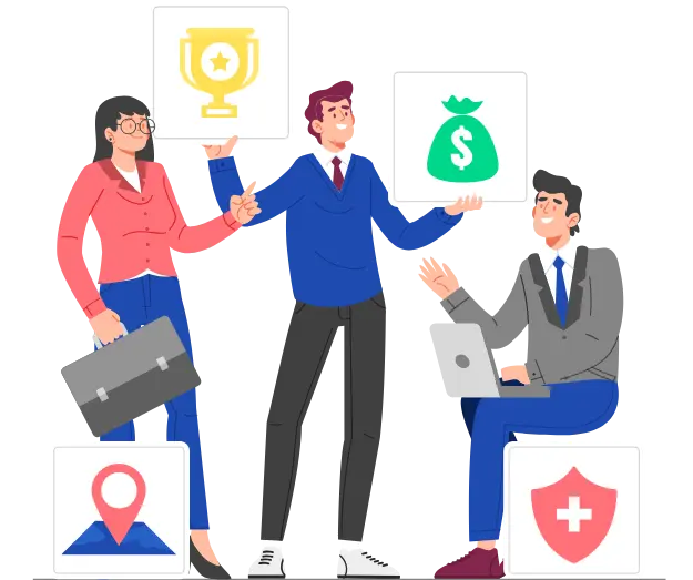 Ilustración de profesionales con íconos de beneficios laborales como dinero, salud, ubicación y reconocimiento, estilo Panamá en Salarios