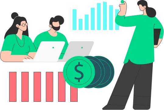 Ilustración de análisis de estadísticas salariales con dos personas en laptops, gráficos de barras y símbolo de dinero, estilo Panamá en Salarios