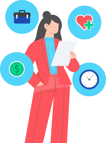 Ilustración de mujer profesional analizando documento rodeada de íconos de beneficios laborales como dinero, salud, tiempo y trabajo, estilo Panamá en Salarios